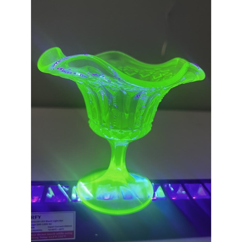 Kanawha Glass Green Uranium Pedestal Compote Candy Dish Glows Vintage 5.5"